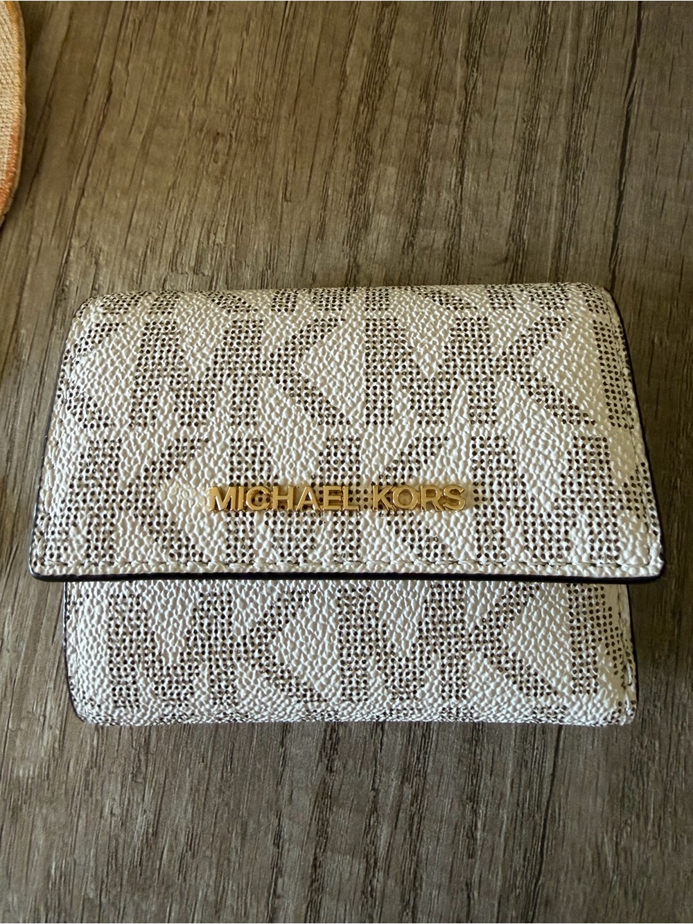 Michael Kors Cream and pink Monogram Flap Wallet with Gold Logo
